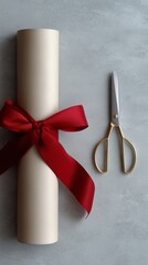 Minimalist holiday crafting scene, emphasizing texture and the simple elegance of the materials for gift preparation.