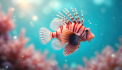 Red and white lionfish swims in aqua water. Small fish with fins and stripes. Coral reef background with blurred pink elements. Marine animal life underwater scene.