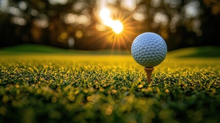 Golf ball on tee at sunset.