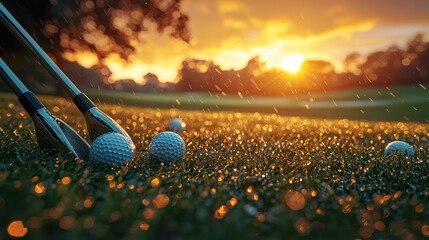 Golf clubs and balls on rain-soaked course at sunset.