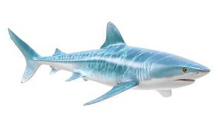 Naklejka premium Detailed 3D rendering of a powerful blue shark isolated on a white backdrop highlighting its predatory features sleek fins and textured skin