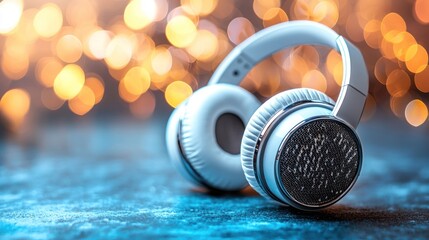 White headphones on blue surface with bokeh lights.