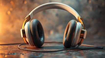 White and gold headphones on dark surface.