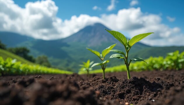 Young coffee plants grow in rich volcanic soil under a bright blue sky. Lush green fields stretch towards distant mountains. New life sprouts from fertile earth.