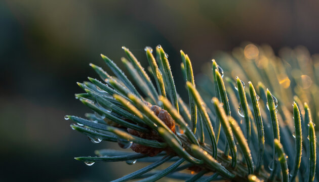 Dewy Pine Branch with Warm Sunrise Light in Winter Forest