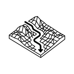 Topographical map showing a winding river flowing downhill with an arrow indicating direction