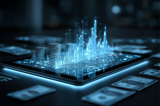 Futuristic digital hologram of financial charts and coin stacks rising from a tablet screen in a dark modern environment
