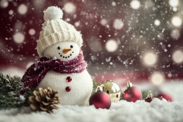 Fototapeta premium Adorable knitted snowman figurine wearing winter apparel sits amongst festive decorations during snowfall