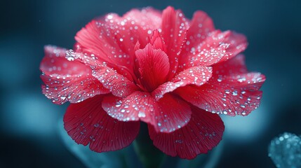Dew-kissed red carnation blossom closeup.