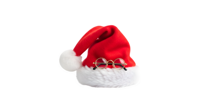 Cute santa claus hat with glasses for xmas isolated on transparent background