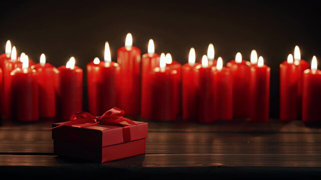 Row of dozens of red candles glowing softly behind a small red gift box on a wooden table