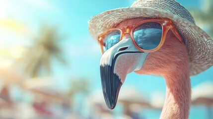 Flamingo wearing sunglasses and hat on beach.