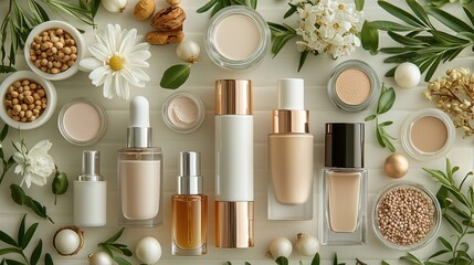 Flat lay of natural beauty products with flowers and herbs.