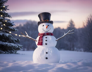Obraz premium A cheerful snowman standing in the middle of a snowy field, with twinkling Christmas lights wrapped around nearby trees, creating a warm and festive atmosphere against the snow