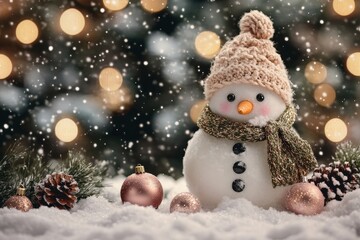 Fototapeta premium Adorable handmade figure rests in fresh snow amidst twinkling lights and holiday decorations