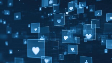 Abstract digital representation of social media interactions, featuring heart icons and user profiles in a networked blue background.
