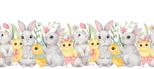 Seamless border with cute chick and bunny 