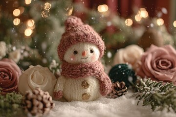 Obraz premium Adorable knitted winter figure sits nestled among decorative elements and gentle snowfall
