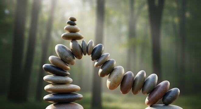 Stacked stones creating a balanced archway in a serene forest setting conveying peace and harmony with nature and zenlike tranquility and mindfulness