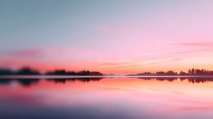 Fototapeta premium Serene landscape featuring a calm lake mirroring the pastel gradient of a pink and blue twilight sky with a dark treeline forming a tranquil horizon