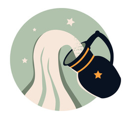 Aquarius Zodiac Symbol with Water Jug Flowing. Flat vector illustration of the Aquarius zodiac sign featuring a dark jug pouring stylized water with stars and minimalist design.