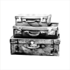 Vintage suitcases stacked in a halftone illustration on a white background, representing travel, retro luggage, adventure, and nostalgic journey themes. © Ксения Раневская