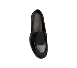 Elegant Men's A Black leather loafer shoes, shiny surface, black sole, suitable for both formal and casual wear classic elegance shoes, transparent background.