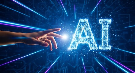 Hand reaching for glowing ai text with digital binary code and neon light trails in a futuristic technology concept background for innovation and progress