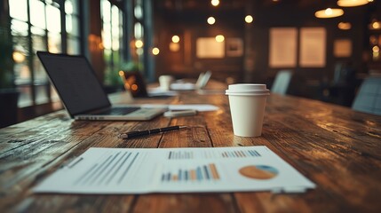 Wooden table with laptop, documents, and coffee.