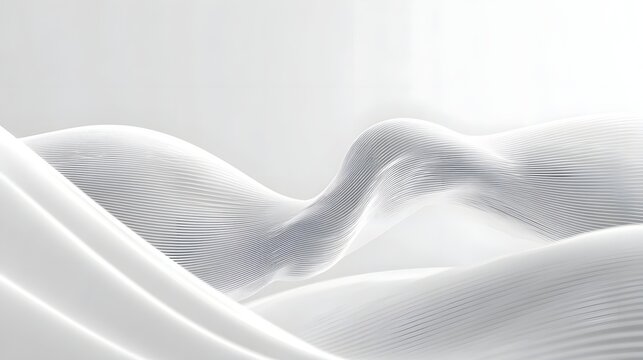 An abstract digital artwork features translucent flowing waves of white and light grey lines conveying a sense of ethereal elegance smooth texture and gentle motion