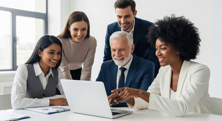 Diverse business team collaborating on laptop in modern office