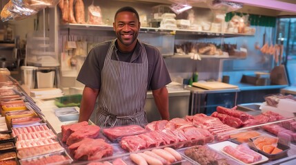 Smiling butcher in shop surrounded by fresh meat cuts
