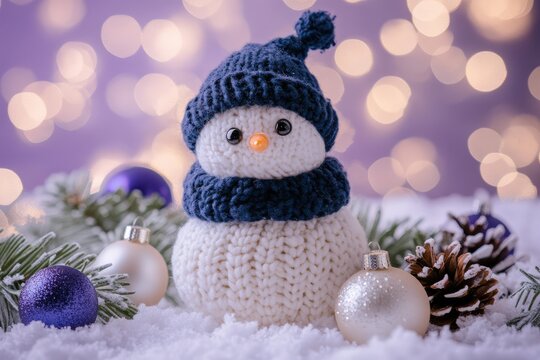 Knitted winter figurine sits nestled in artificial snow surrounded by holiday decorations and soft lights