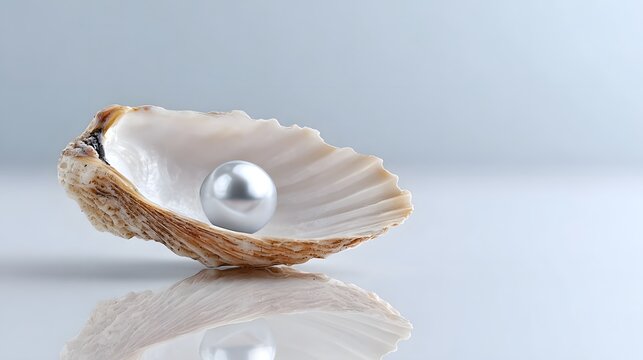 A beautiful iridescent pearl sits nestled within a natural open seashell showcasing its smooth lustrous surface and the shell s textured interior all reflected on a clean glossy surface