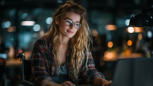 Young professional woman in wheelchair works on laptop in modern office