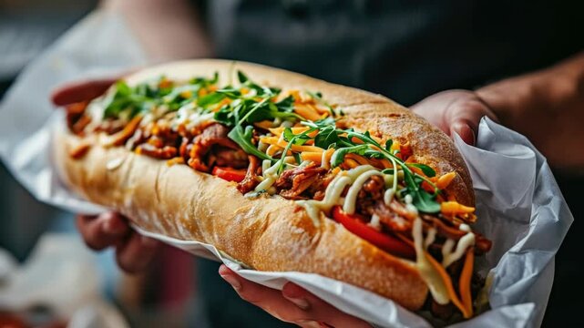 A person is holding a large sandwich wrapped in paper. The sandwich is filled with meat, cheese, and vegetables
