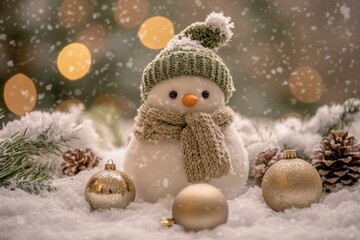 Obraz premium Adorable miniature snowman figure wearing winter accessories surrounded by holiday decorations and falling snow