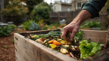 Composting food waste in backyard compost bin — sustainable gardening