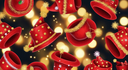 Festive Red Party Hats with Gold Tinsel and Pom-Poms on Bokeh Lights Background