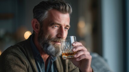 Handsome mature man drinking whiskey — elegant portrait