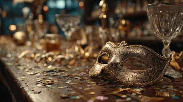 Festive sequin mask and colorful confetti adorn the vibrant bar