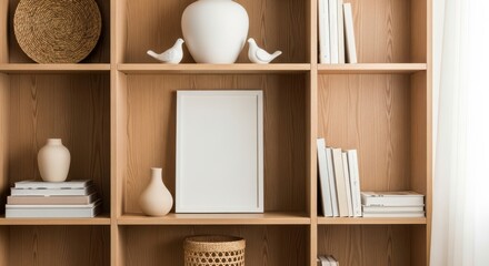 A light oak bookshelf filled with decorative items, including vases, books, and woven baskets, showcasing a minimalist and natural aesthetic