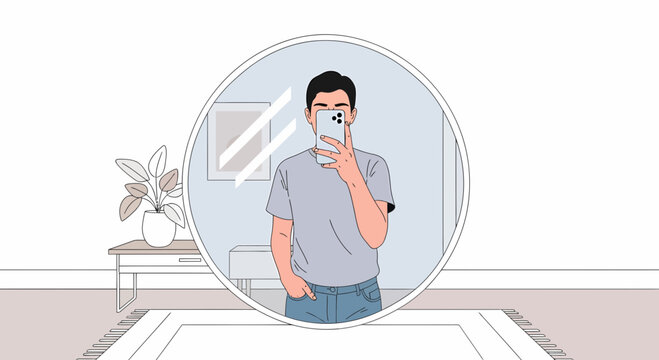 Self Portrait In Round Mirror Minimalistic Artistic Digital Illustration
