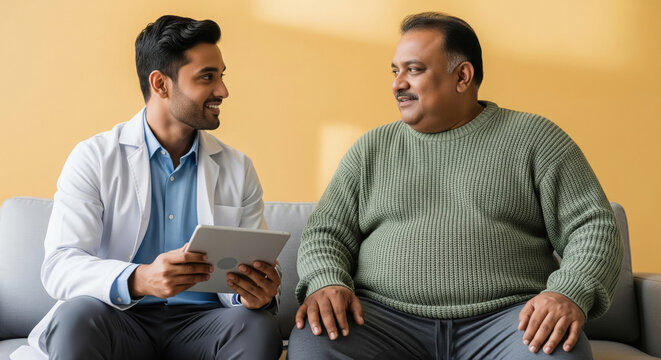 Indian Doctor Consults Patient Using Digital Tablet on Sofa