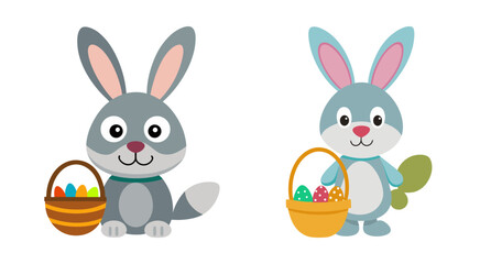 Obraz premium Cute easter bunny holding basket with colorful eggs and carrot