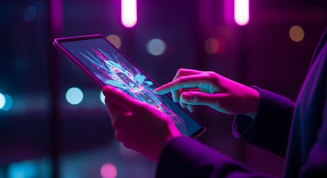 Person using tablet with neon abstract graphic technology