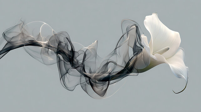 White calla lily with swirling dark smoke abstract floral art ethereal