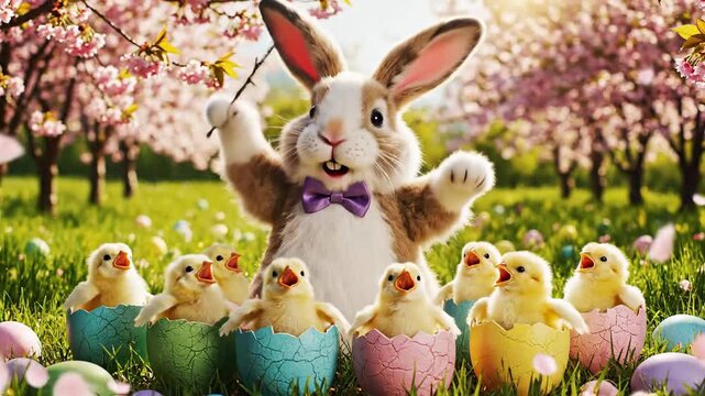 Anthropomorphic Easter bunny wearing purple bow tie holding stick standing with fluffy yellow baby chicks in colorful cracked eggshells springtime celebration with cherry blossoms