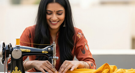 Smiling Indian Woman Sewing Fabric with Vintage Machine