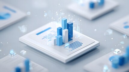 Abstract digital illust n of a dynamic 3D bar chart representing upward business analytics financial trends and data driven strategy development with glowing effects